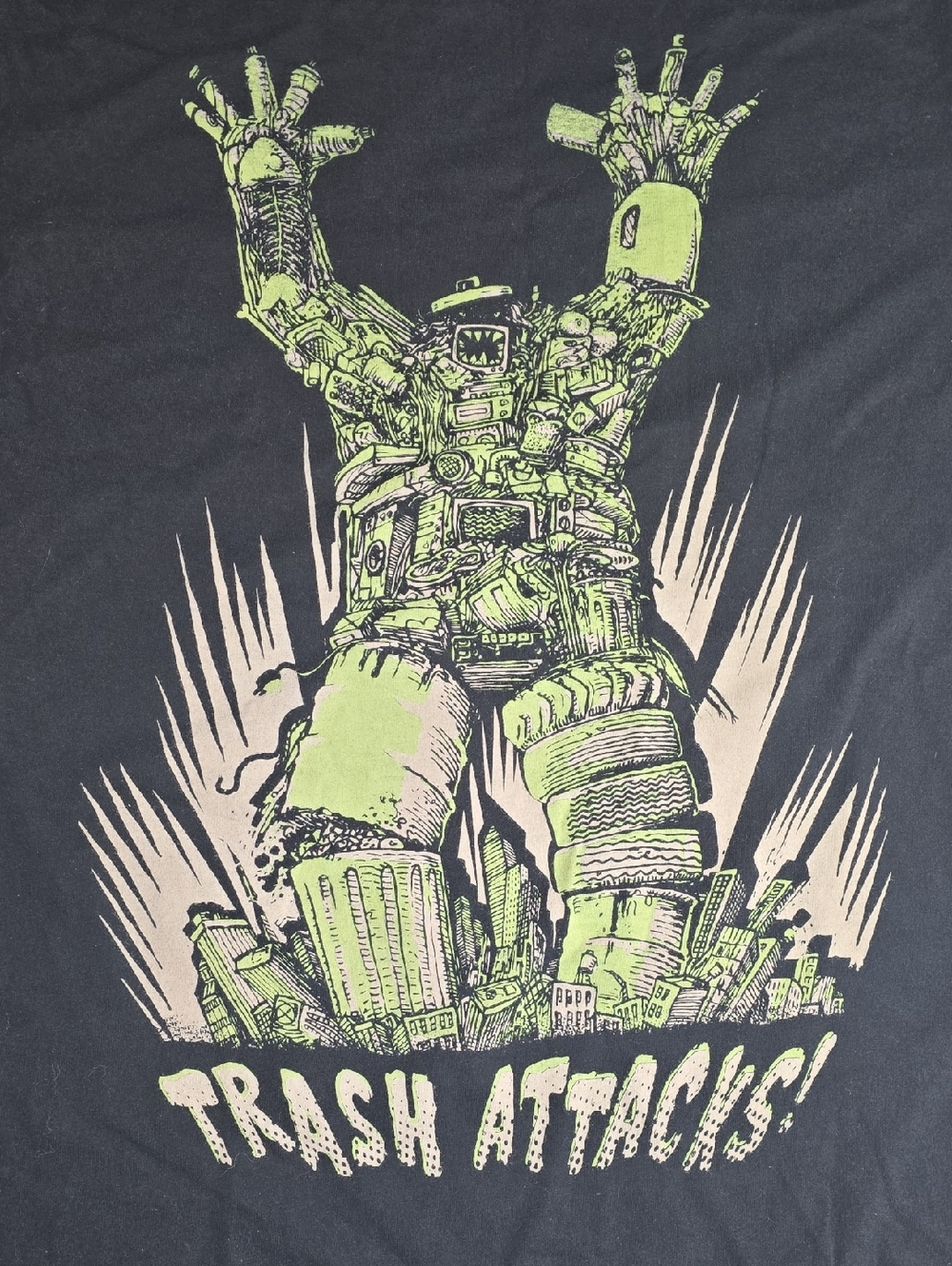 American Apparel "Trash Attacks" Tee Black w/ Neon Green Robot Graphic Men's XL
